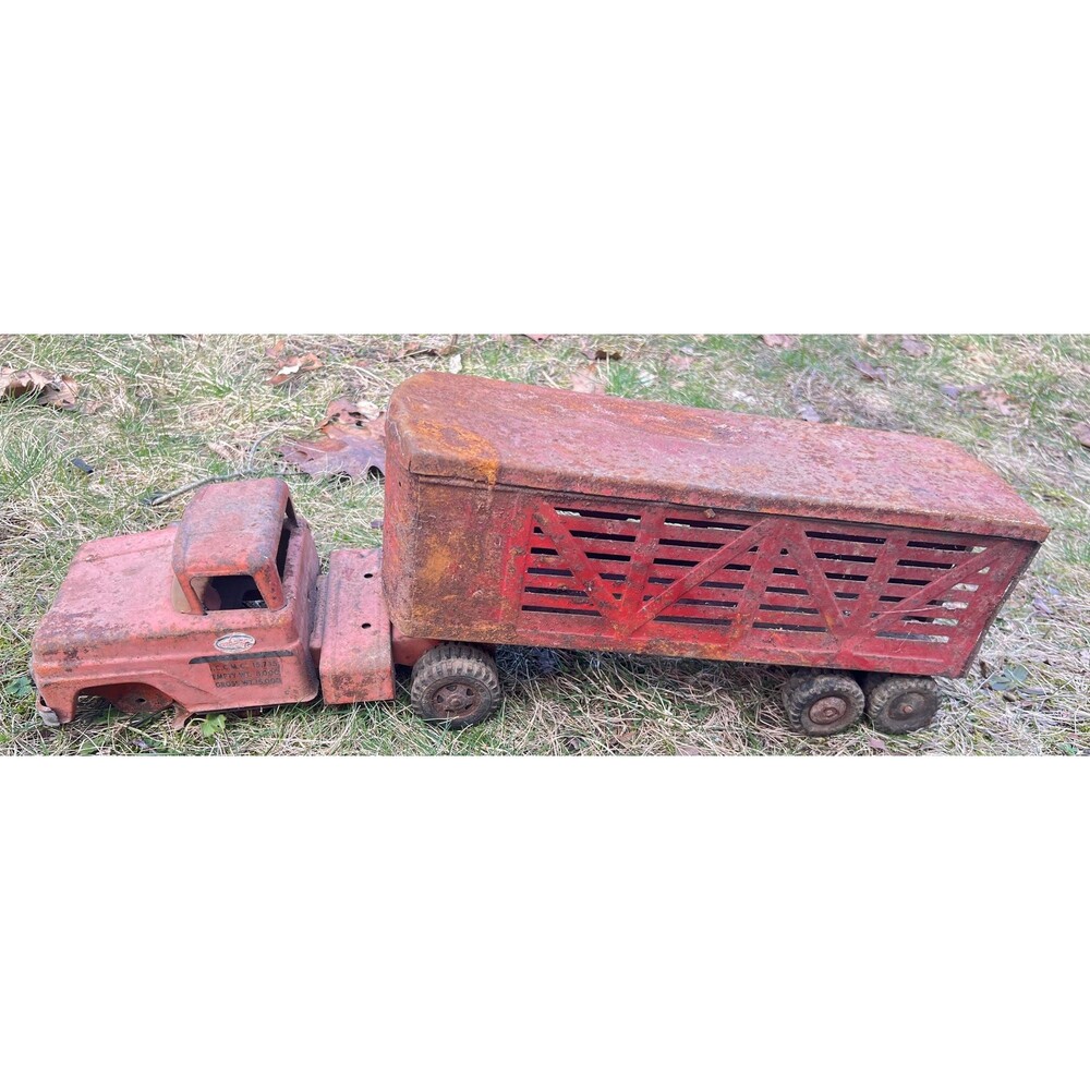Vintage Structo Pressed Steel Semi Truck & Livestock Trailer 1950s Rustic Farm